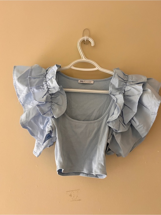 Zara Tops - ZARA Powder Blue Ruffle Sleeve Crop Tank